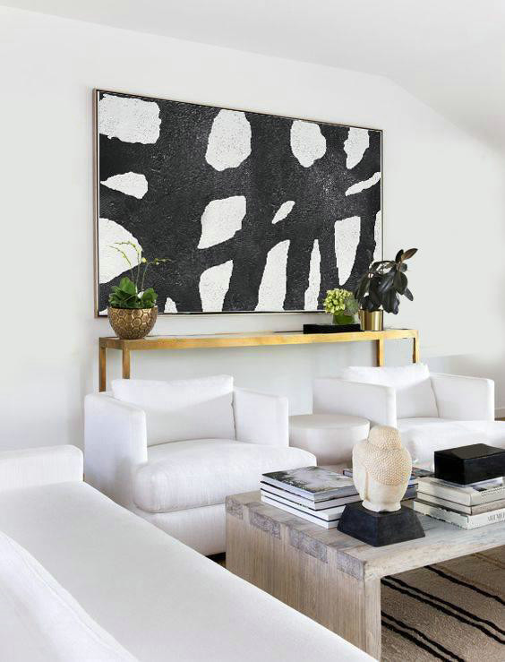Acrylic Painting On Canvas,Oversized Horizontal Minimal Art On Canvas, Black And White Minimalist Painting - Abstract Oil Painting